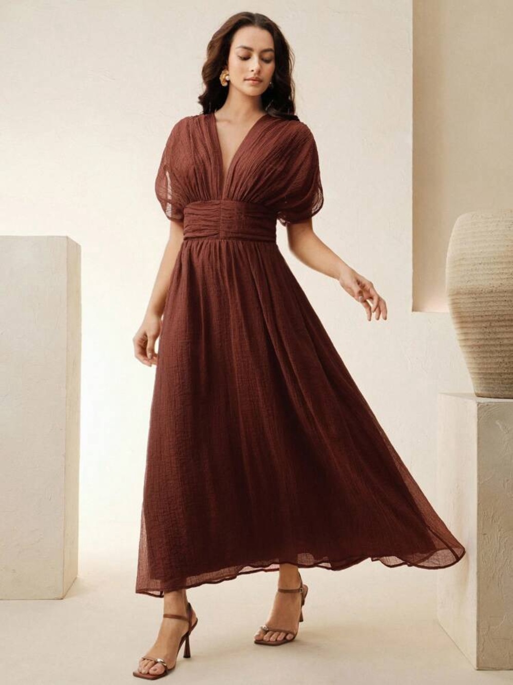 Rust V-Neck Midi Dress with Ruched Waist